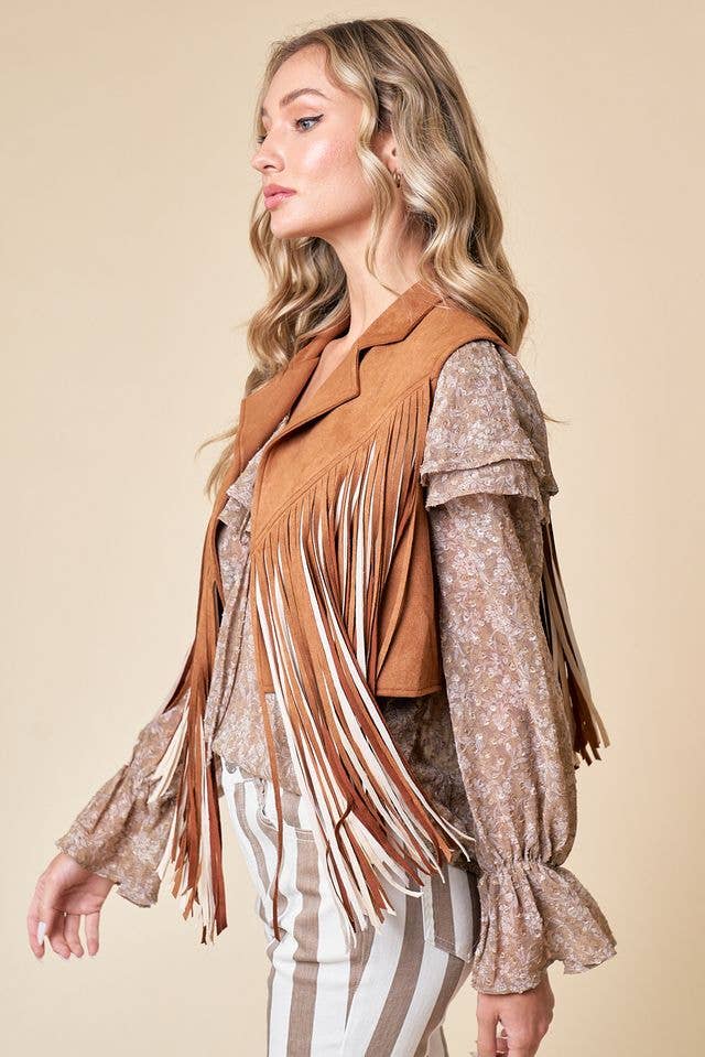 Camel Open Front Fringe Vest