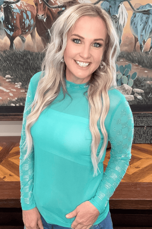 Checked In Turquoise Mesh Top - small remains