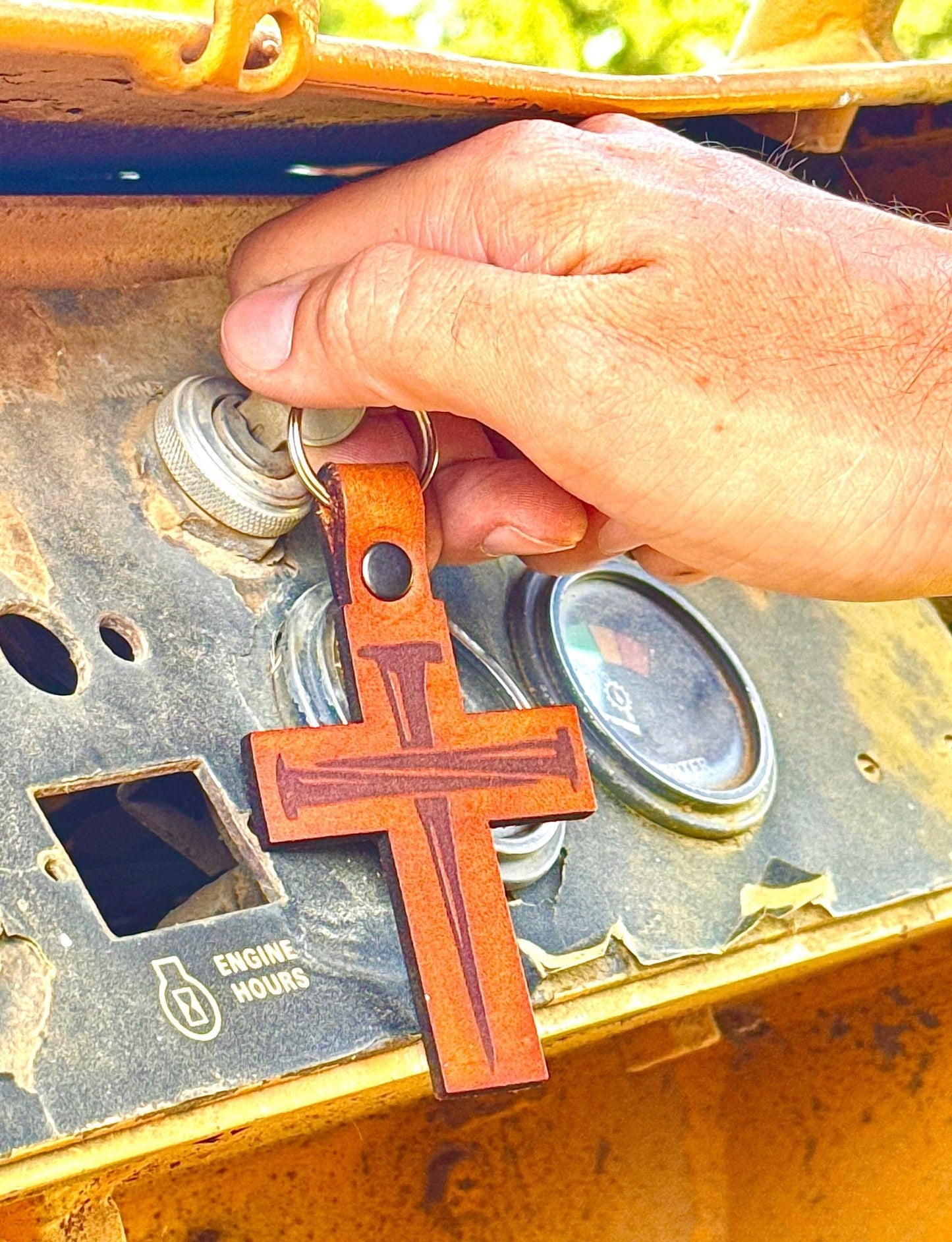 Cross w/Nails Leather Keychain