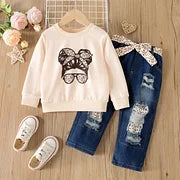 2 PCS Toddler Girl Trendy Patchwork Ripped Denim Jeans and Printed Sweatshirt Set