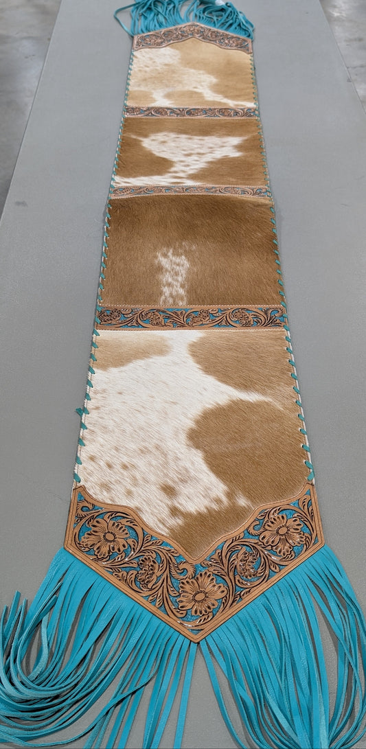6ft Genuine Cowhide Table Runner – Tooled Leather Ends & Teal Fringe