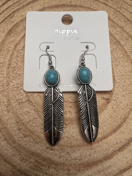 Feather Earrings with Faux Turquoise - 2 inch drop