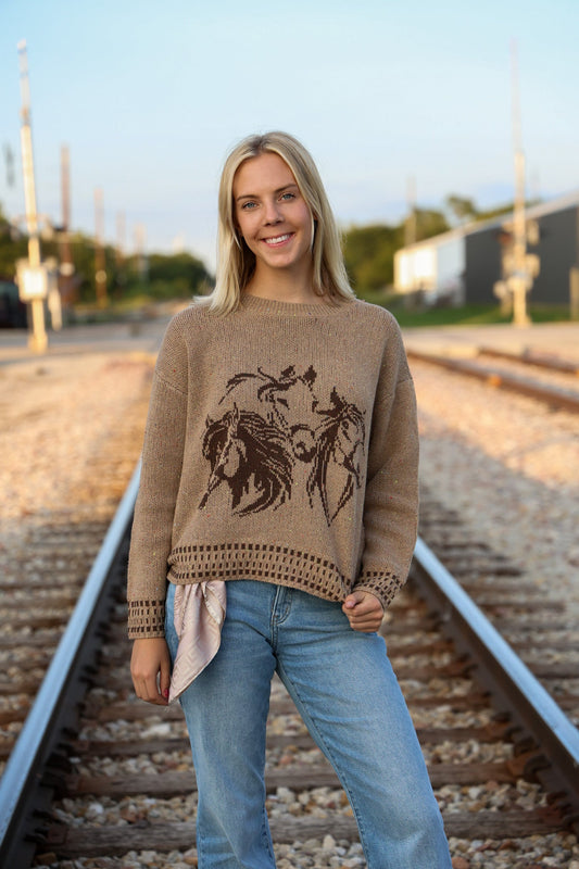 Horse Jacquard Long Long Sleeve Knit Sweater - Tan or Charcoal