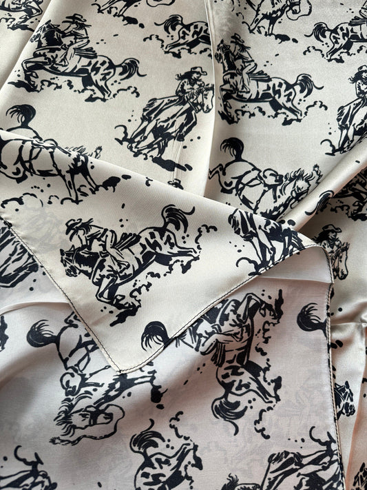 100% Silk Wild Rag “Ride ‘em Cowgirl” black and tan by Double B Wild Rags