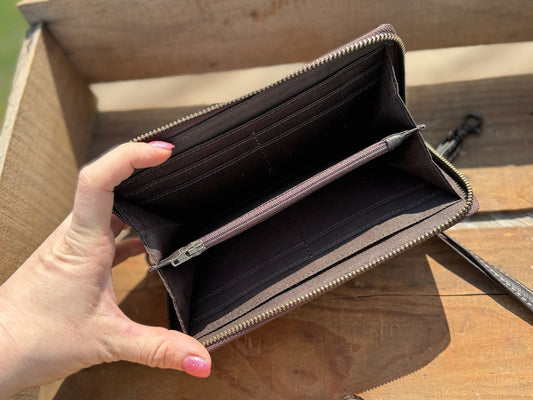 Western Wristlet wallet zipper closure tooled floral leather details by Double B Wild Rags