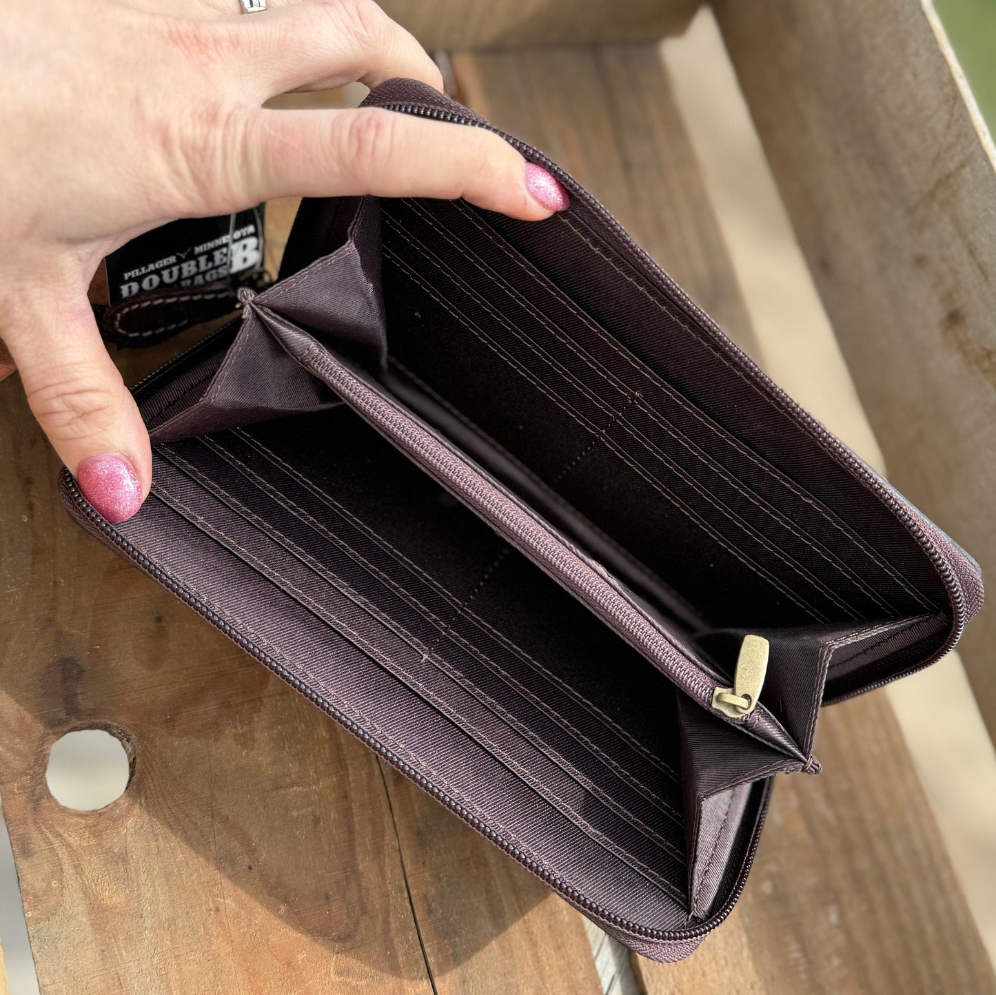 Western wallet zipper closure tooled floral leather turquoise details