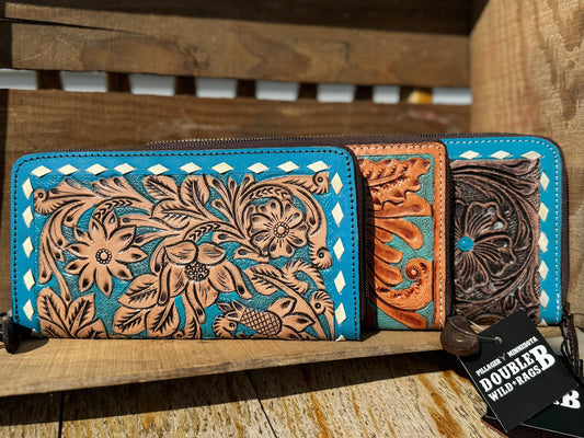 Western wallet zipper closure tooled floral leather turquoise details