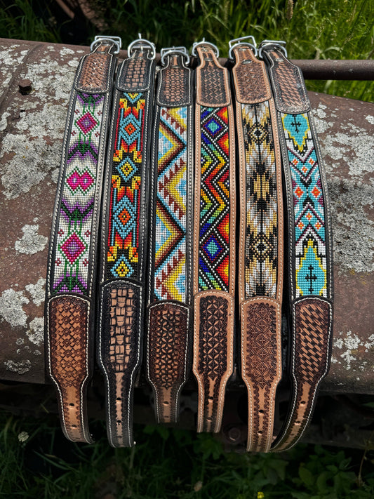 Western leather dog collar tooled and seed bead details