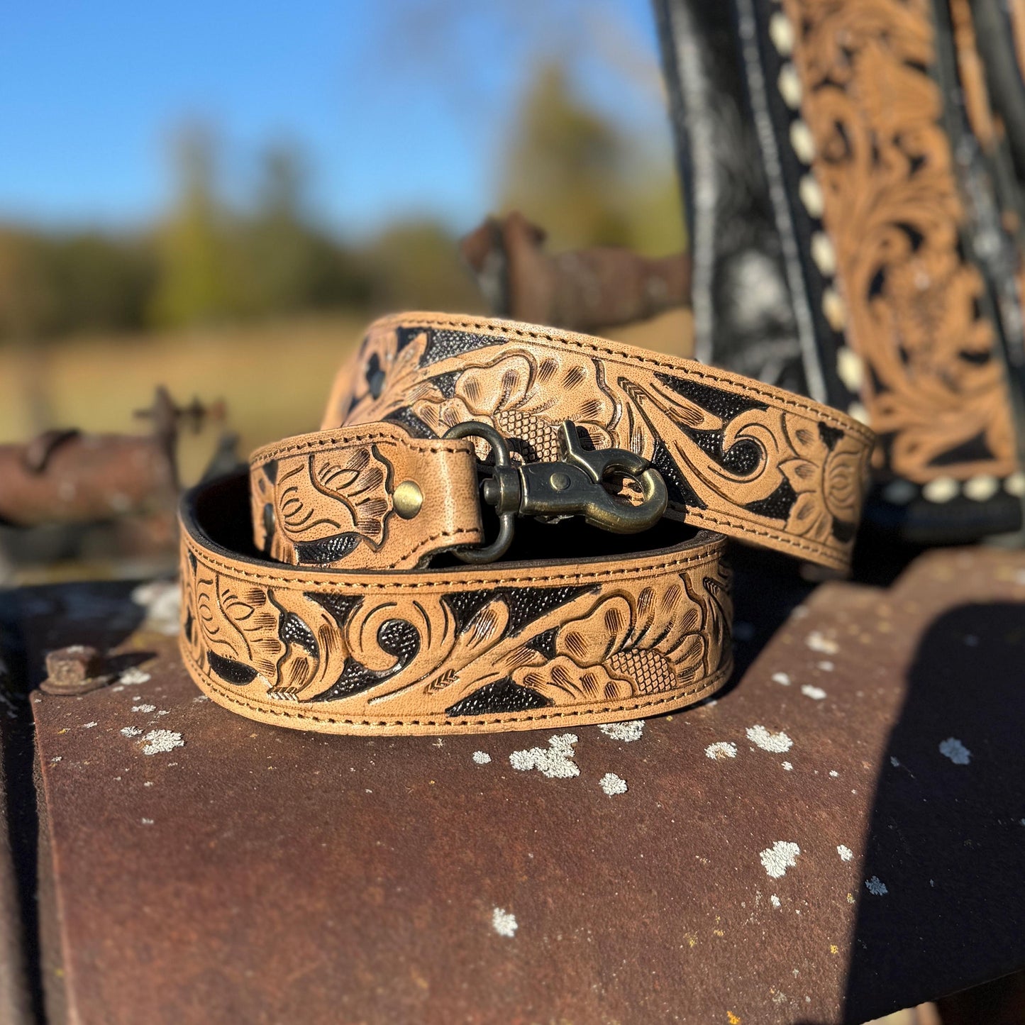 Genuine Western Leather Black laptop messenger briefcase bag with tooled and embossed leather CONCEAL and CARRY