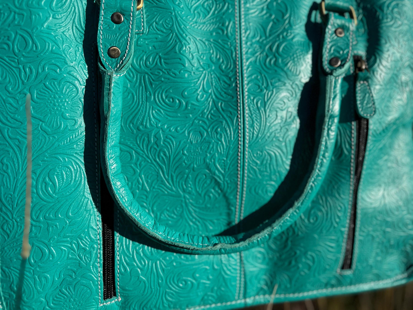 Genuine Western Leather Turquoise laptop messenger briefcase bag with tooled and embossed leather CONCEAL and CARRY