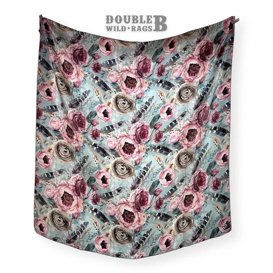 100% Silk Wild Rag Boho Roses and Feathers neck scarf by Double B Wild Rags