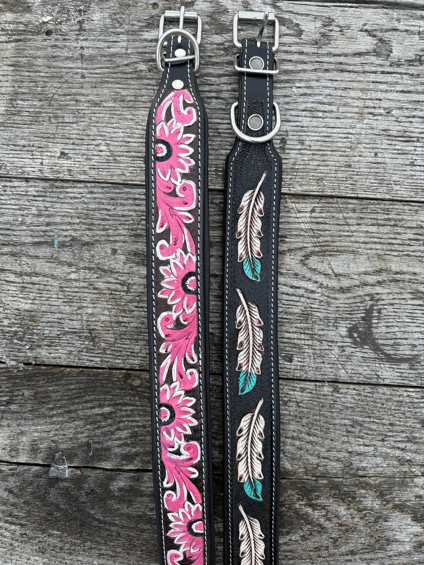 Western leather dog collar tooled Turquoise Feather or Pink Floral details