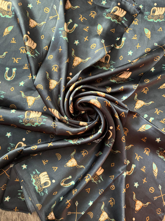 100% Silk Wild Rag “Going West” by Double B Wild Rags Chuckwagons Brands Arrows Horseshoes