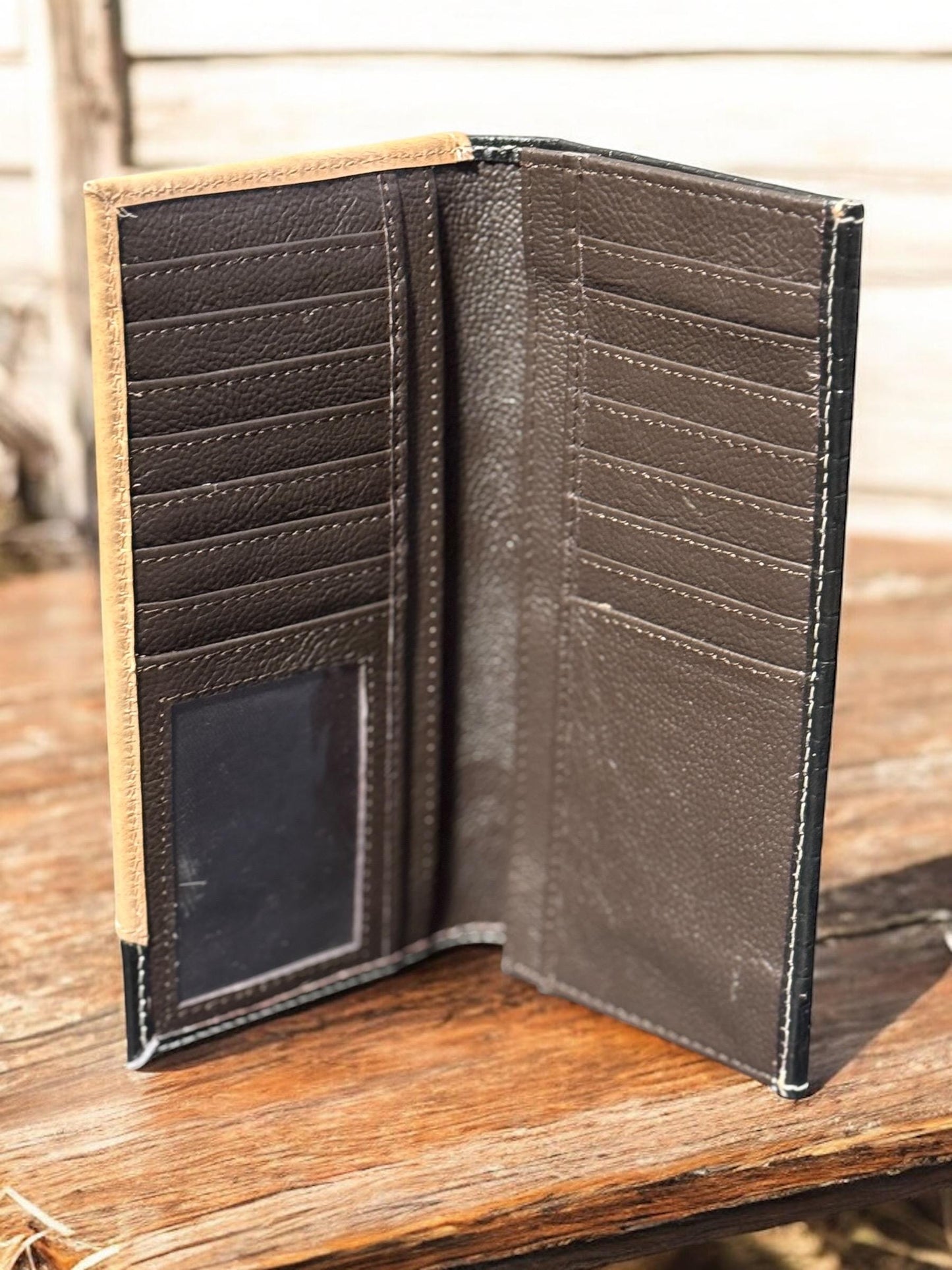 Black and Tan Western Cowboy Checkbook wallet tooled and embossed leather by Double B Wild Rags