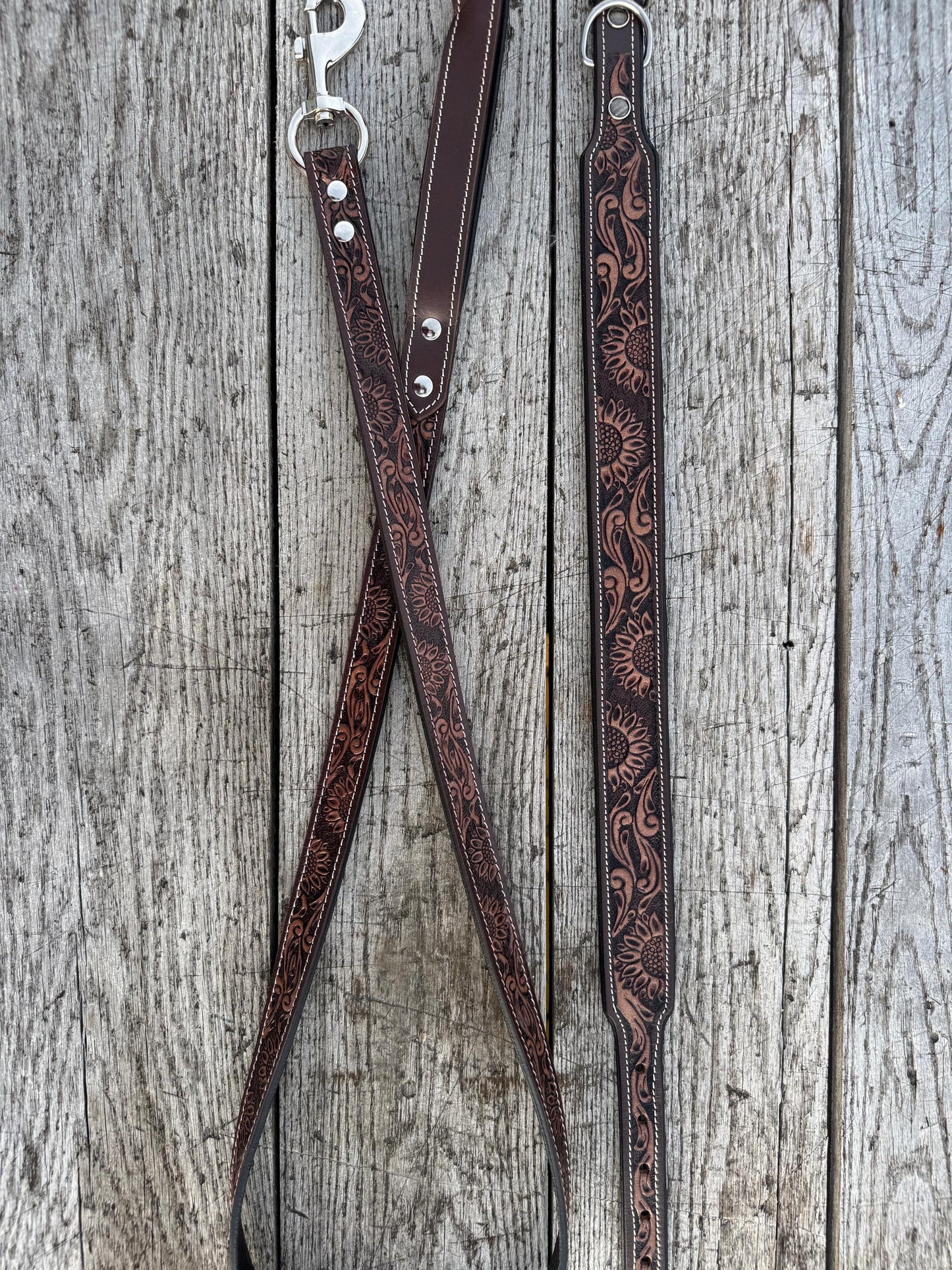 Western Genuine Leather dog collar or leash tooled details of sunflower daisy cactus floral turquoise feather