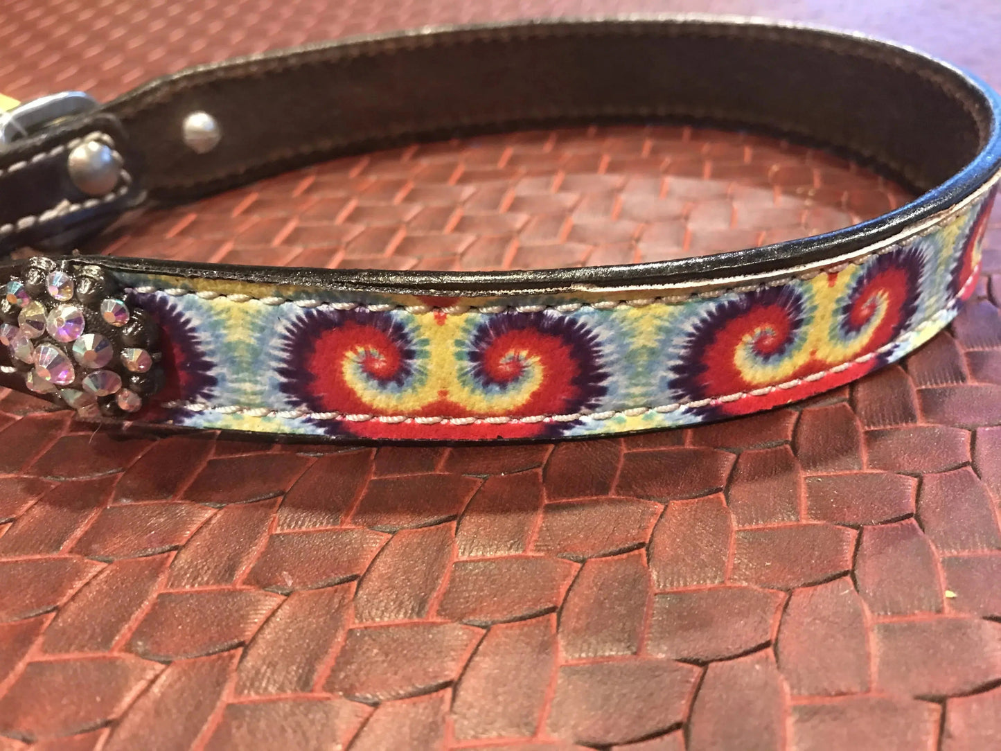 Genuine leather dog collar with tie dye print.