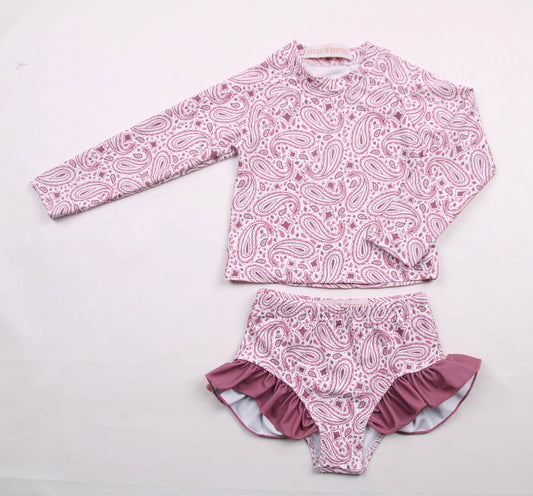 Pretty Paisley Long Sleeve Side Ruffle Swimsuit