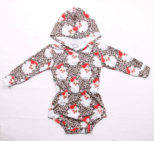 Leopard Santa Ribbed Hooded romper