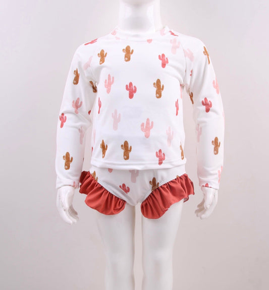 Pink Cactus Long Sleeve Side Ruffle Swimsuit