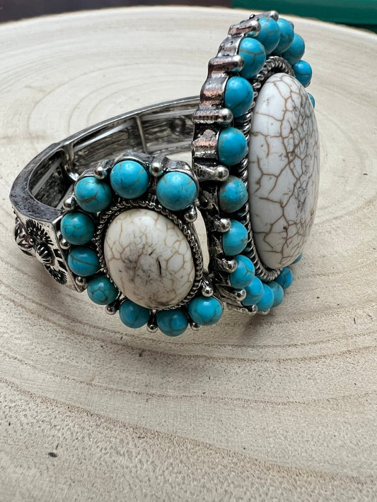 Large Western Faux Turquoise and White Buffalo Stretch Cuff Bracelet