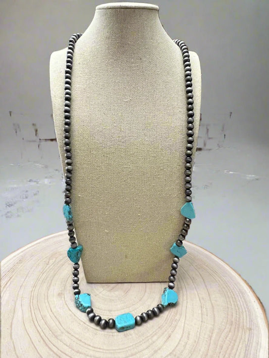 Long Faux Turquoise Nugget and Sterling Pearl Statement Necklace - 48 inch