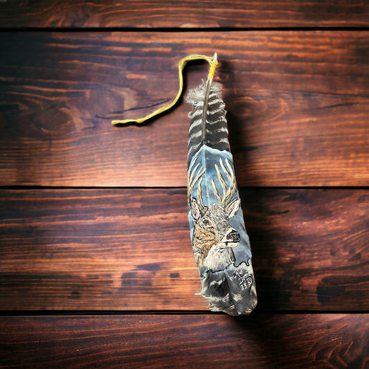 Painted hat feather by Chad Demien - Large buck