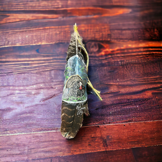 Painted hat feather by Chad Demien - Wild turkey