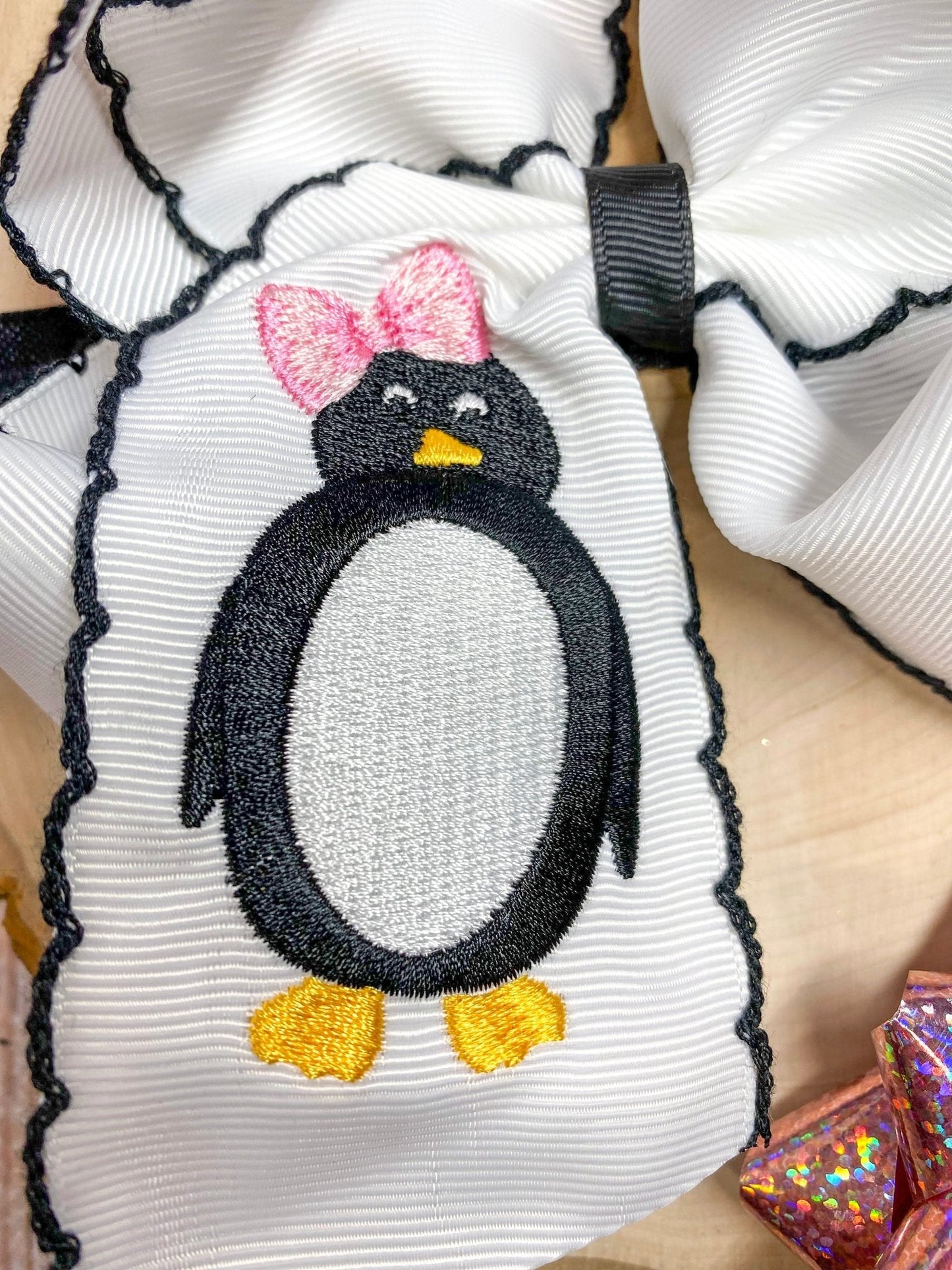 Penguin Embroidered with Black Moonstitch Hair Bow