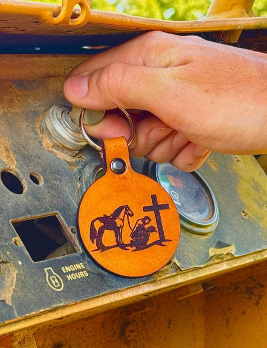 Praying Cowboy Leather Keychain