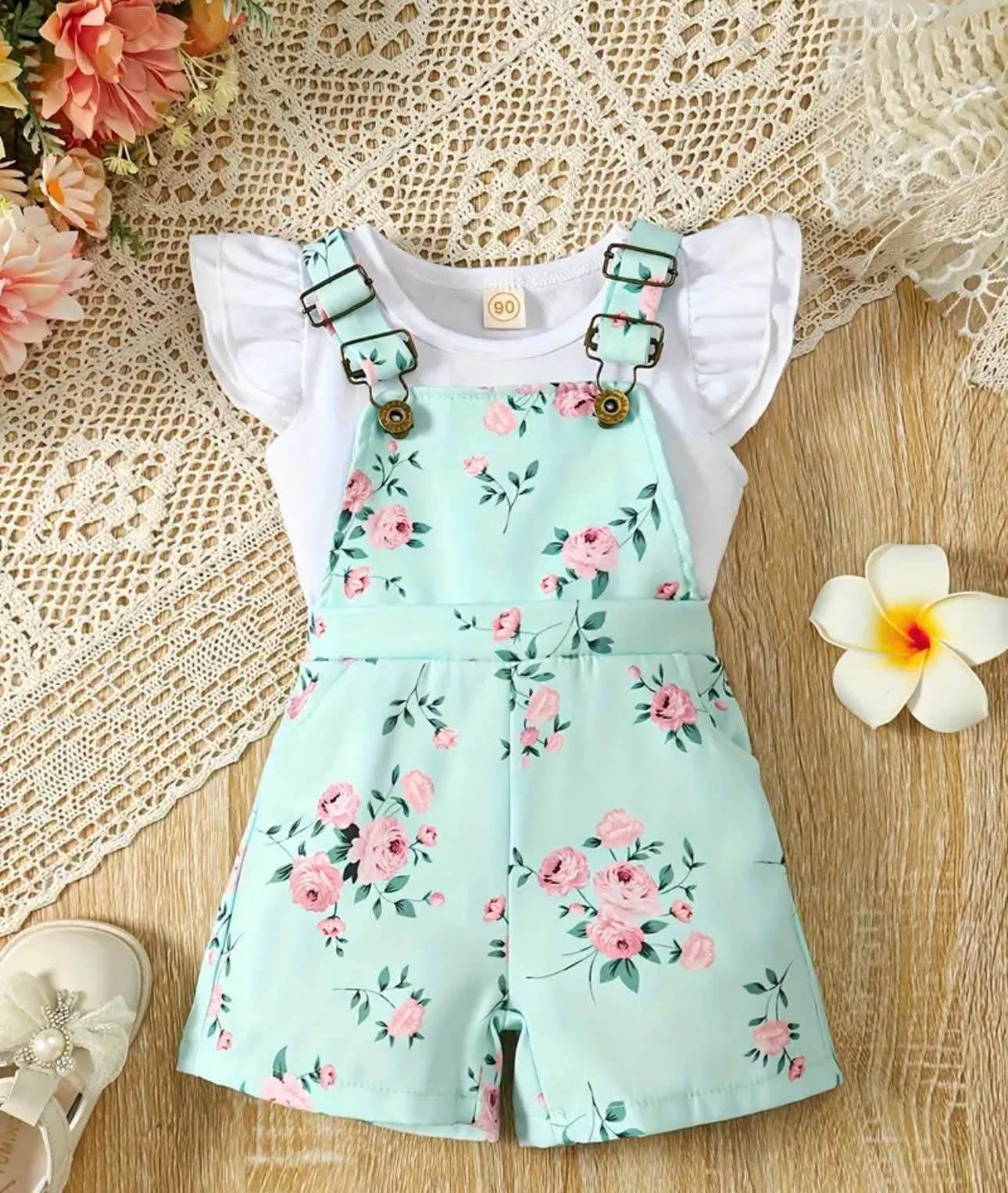 2 PCS Floral Overall Set with White Short Sleeve Shirt