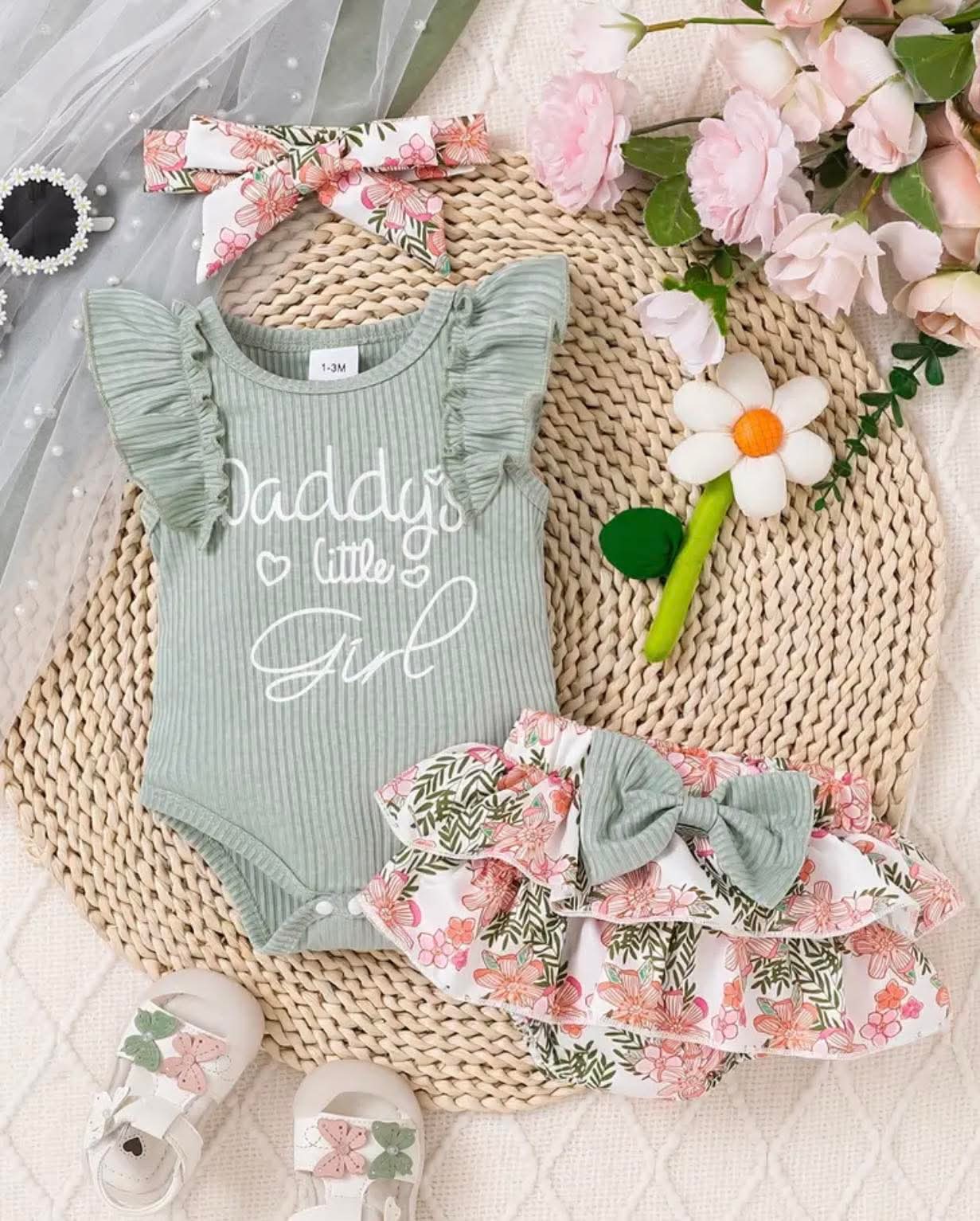 2 PCS Sage Green and Floral Daddy's Girl Short Set with Matching Hair Bow
