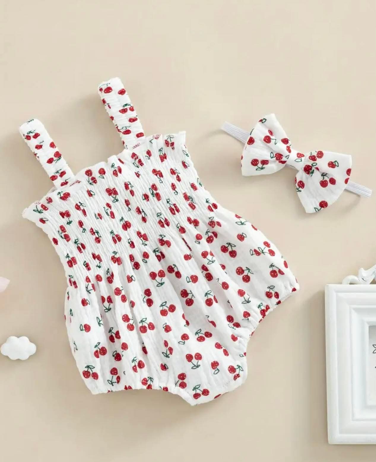 Cherry Print Romper with Matching Hair Bow