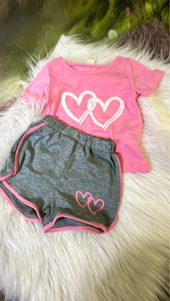 2 PCs Grey and Pink Cotton Short Set
