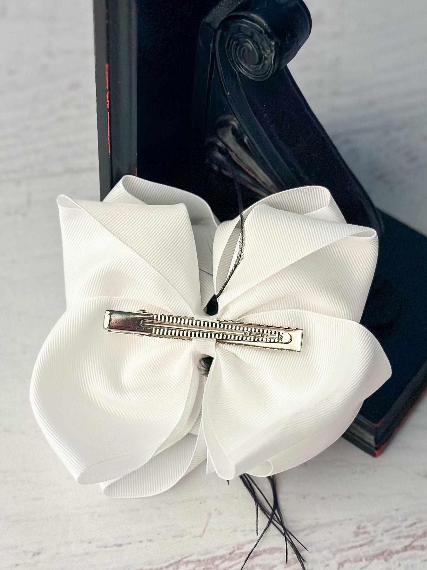 Texas Size White & Black Feather Puff Hair Bow