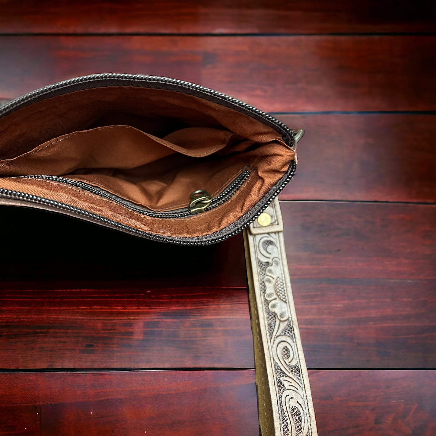 Tooled Cowhide Wristlet Pouch