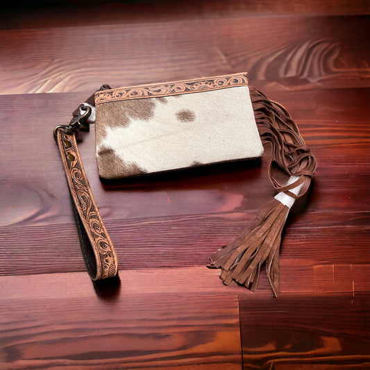 Tooled Cowhide Wristlet Pouch