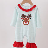 Blue reindeer applique stripe ruffle romper