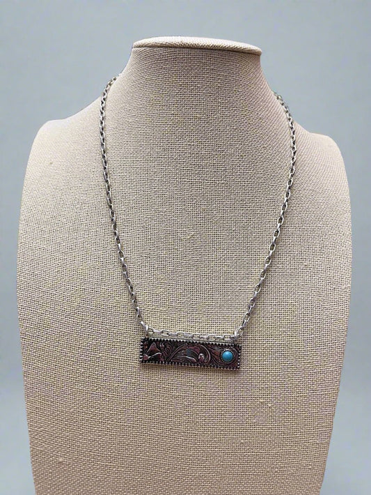 Western Faux Tooled Bar Necklace with Faux Turquoise - 18 inch + 3