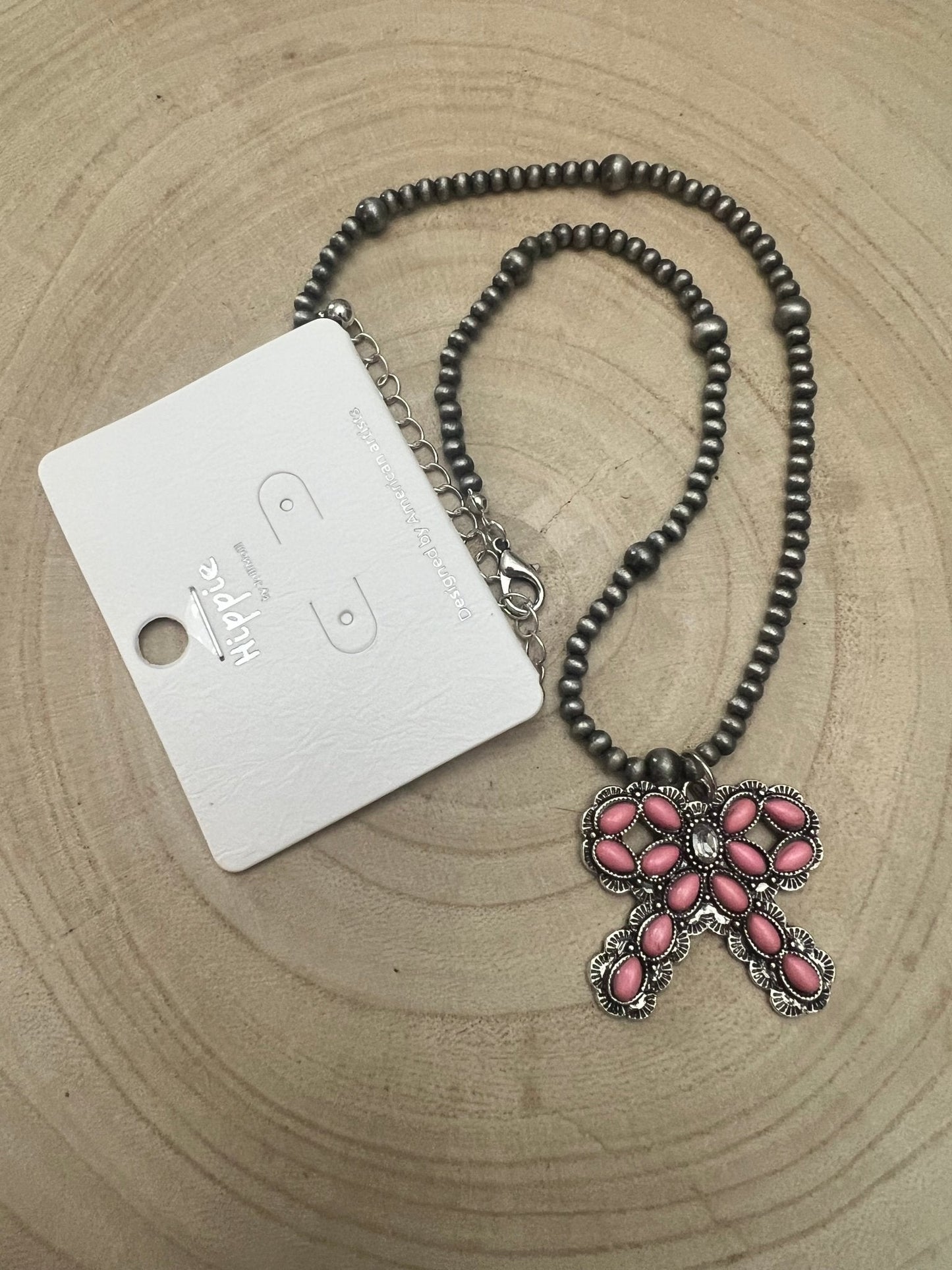 Western Pink Bow and Faux Pearls Necklace - 18 inch +3