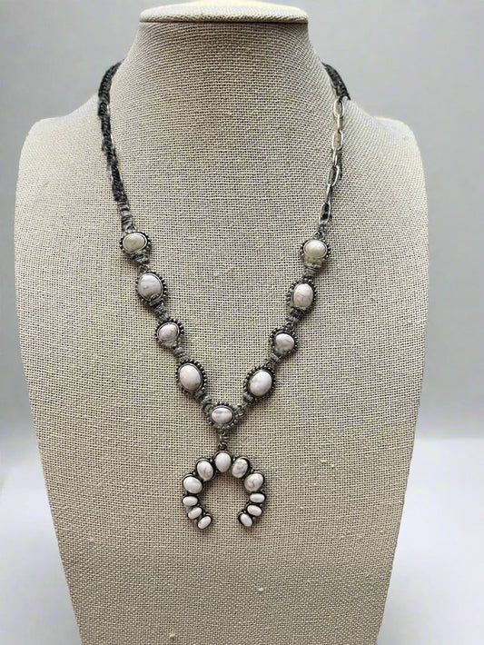 White Stone Faux Squash Blossom Necklace - 16 inch + 3