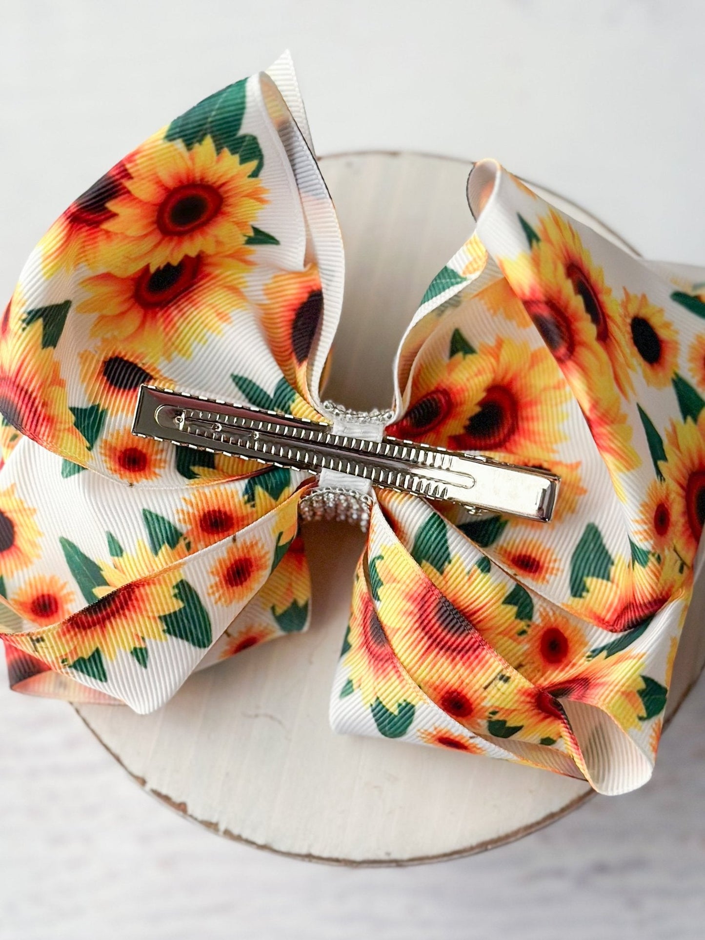 White Sunflower Rhinestone Center Texas Size Hair Bow
