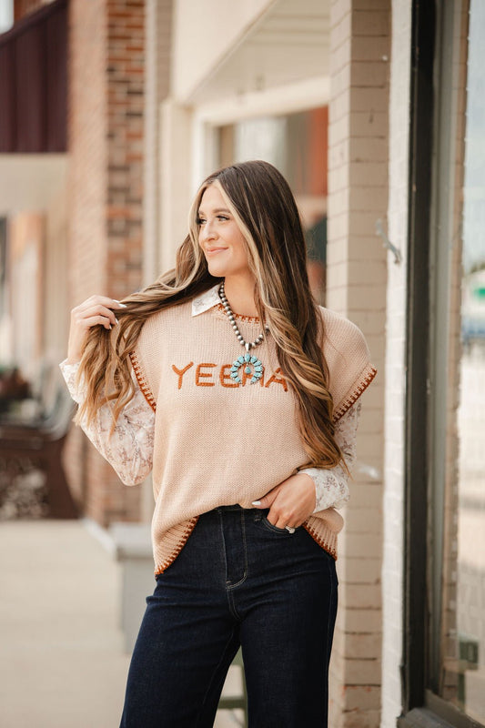 'YEEHAW' Contrast Stitched Sweater - large remaining