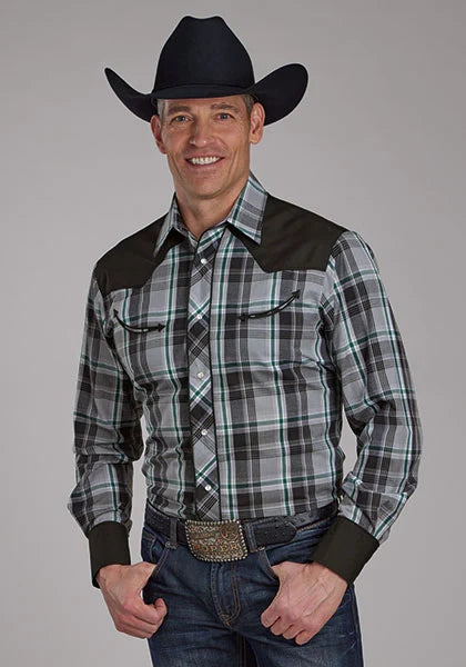 Roper 2105 Fancy Yoke Plaid (Grey) - Men's Western Shirt