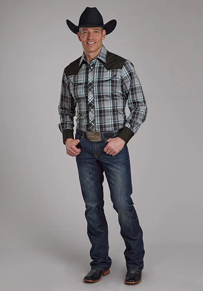 Roper 2105 Fancy Yoke Plaid (Grey) - Men's Western Shirt