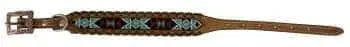 Genuine leather dog collar with teal, white, and black navajo beaded inlay design, a leather wrapped edge