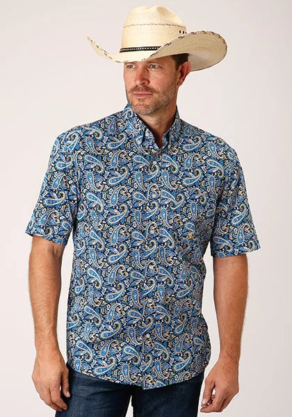 Roper 1448 Amarillo Paisley (Blue) - Men's Short Sleeve Shirt