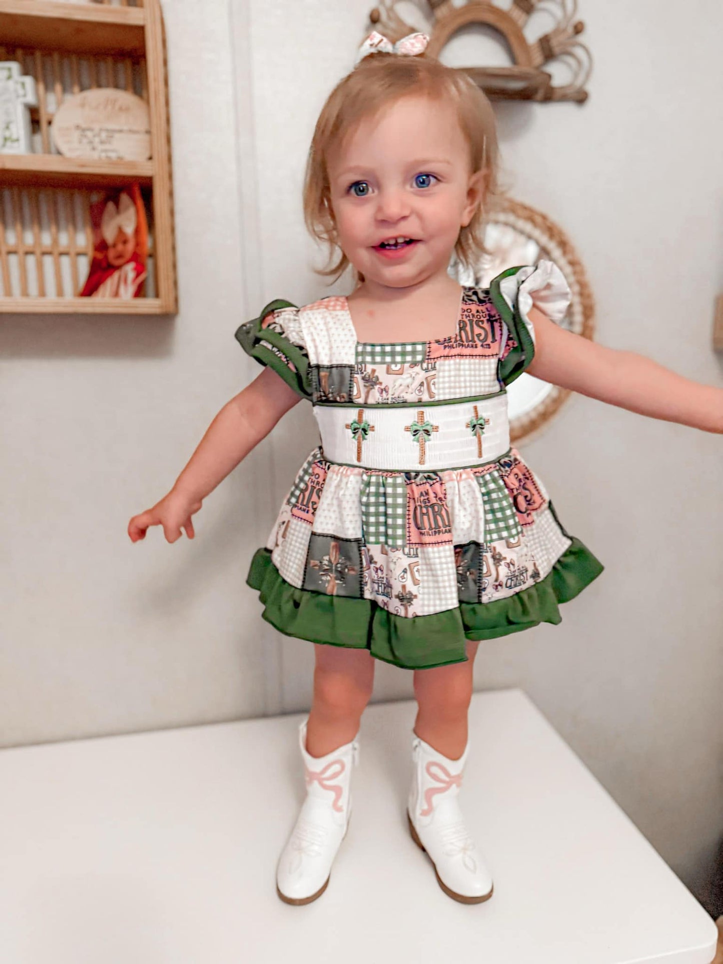 Smocked camo cross girl romper