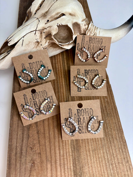 Western Horseshoe Stud Rhinestone Earrings