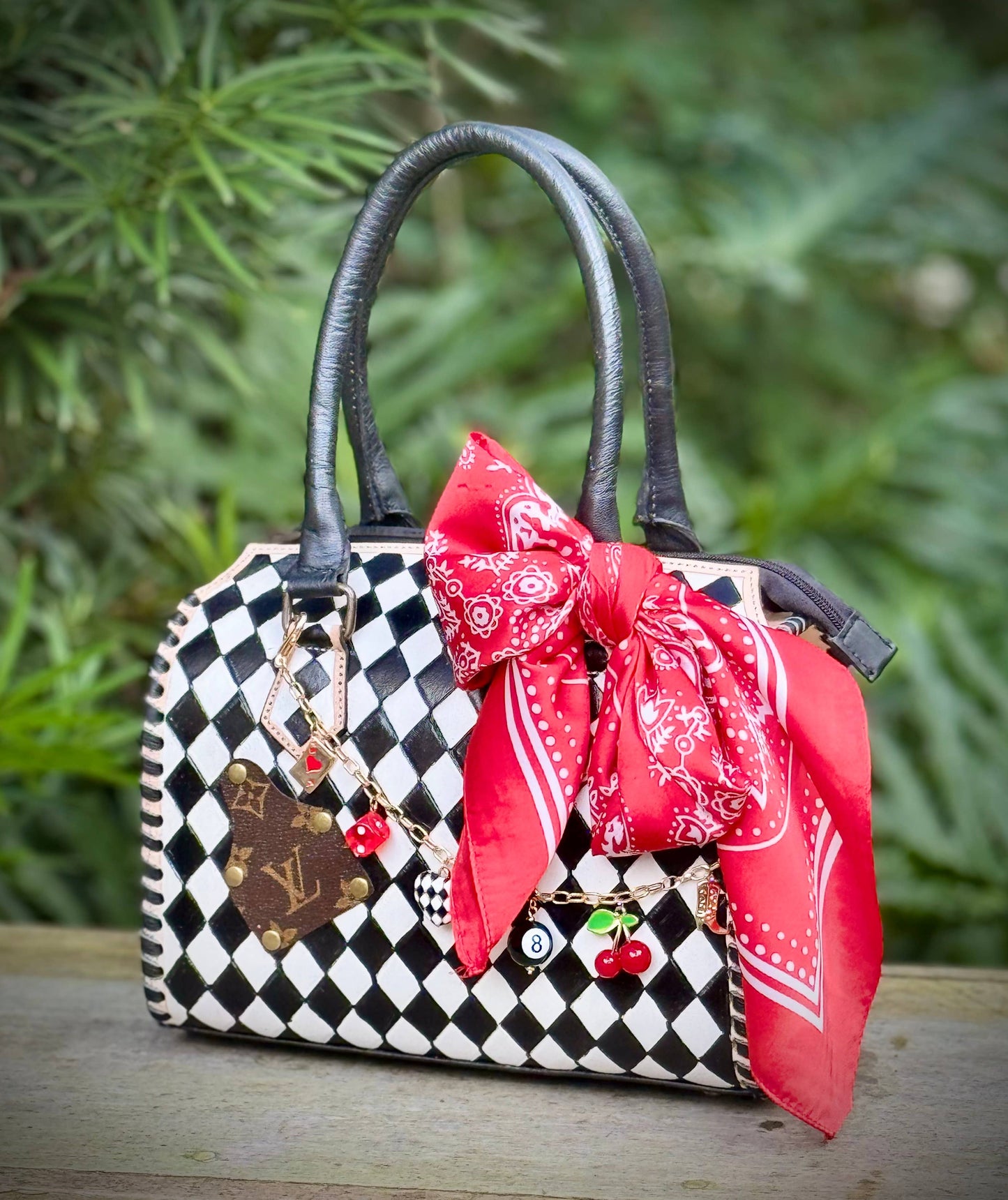 Upcycled LV Leather Checkered & Cherries Speedy Bag