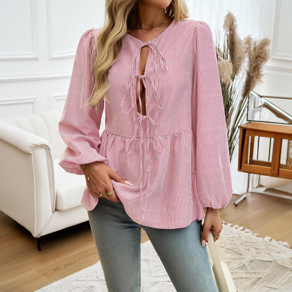 Boho Chic Striped Lace-Up Shirt - Trendy Loose Fit Casual Top for Women